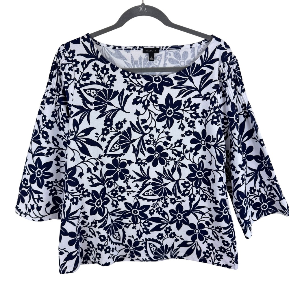 Talbots Womens Navy White Floral Boat Neck 3/4 Sleeve Knit Top Large VN259